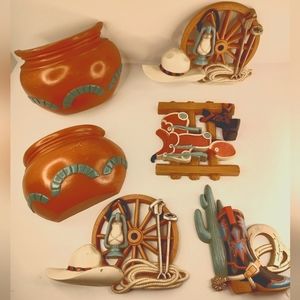 Vintage 1995 Home Interior Burwood Plastic Southwestern Wall Plaque Planter 6 Pc